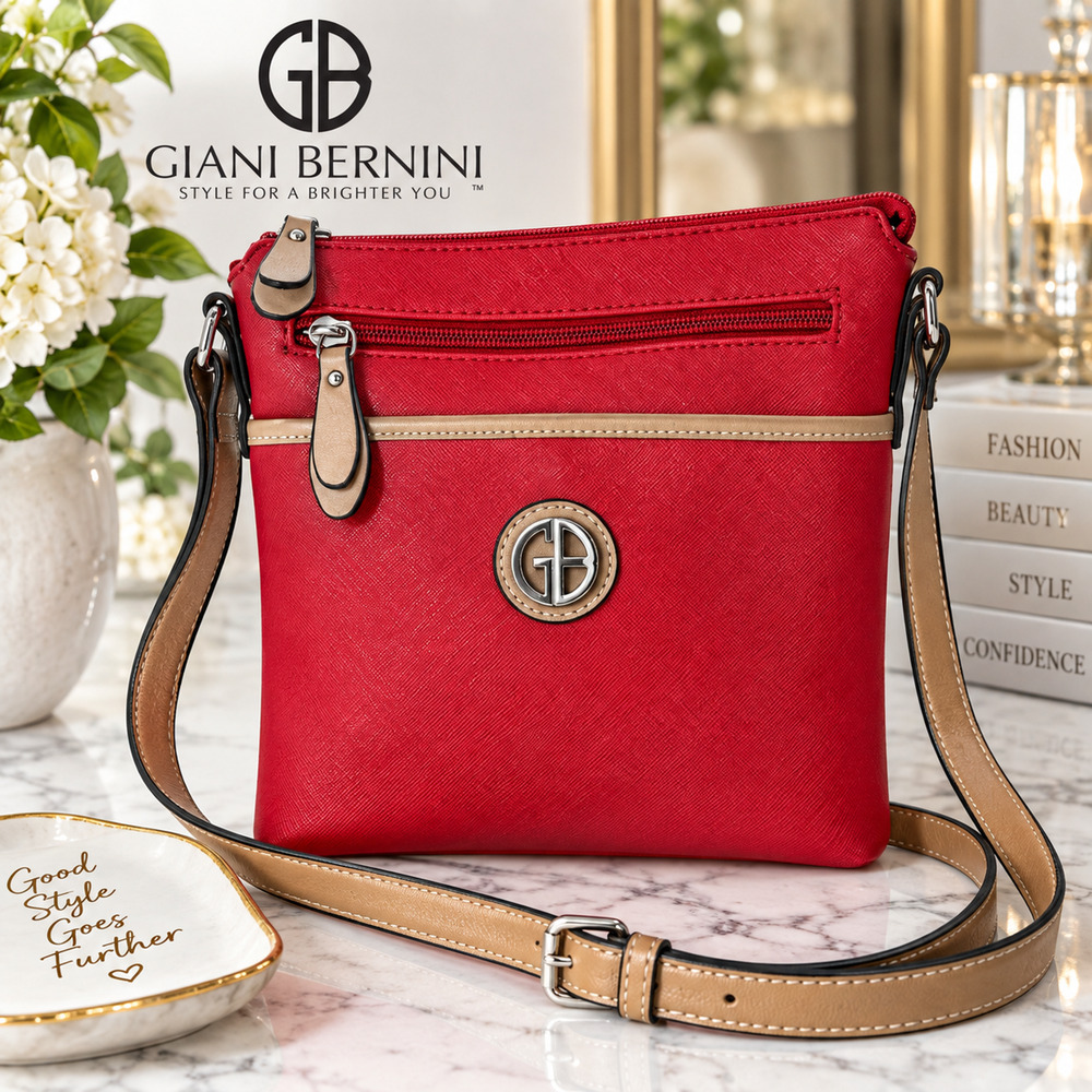 Giani Bernini Red Crossbody Purse Saffiano Faux Leather Tan Trim Zip Pocket